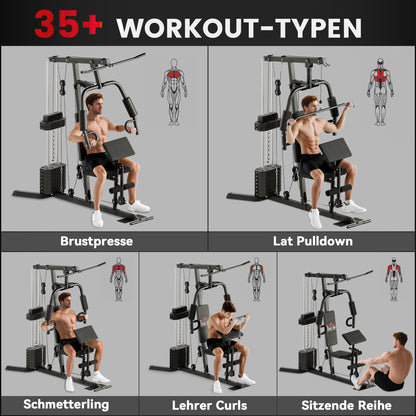 Compact Power Station, Multifunctional Fitness Station, Multi-Station with Butterfly, Bicep Curl, Pull-up, Leg Extension, 45 kg Weight Block Strength Training Black