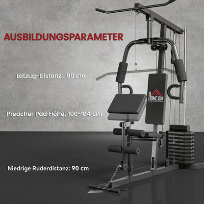 Compact Power Station, Multifunctional Fitness Station, Multi-Station with Butterfly, Bicep Curl, Pull-up, Leg Extension, 45 kg Weight Block Strength Training Black