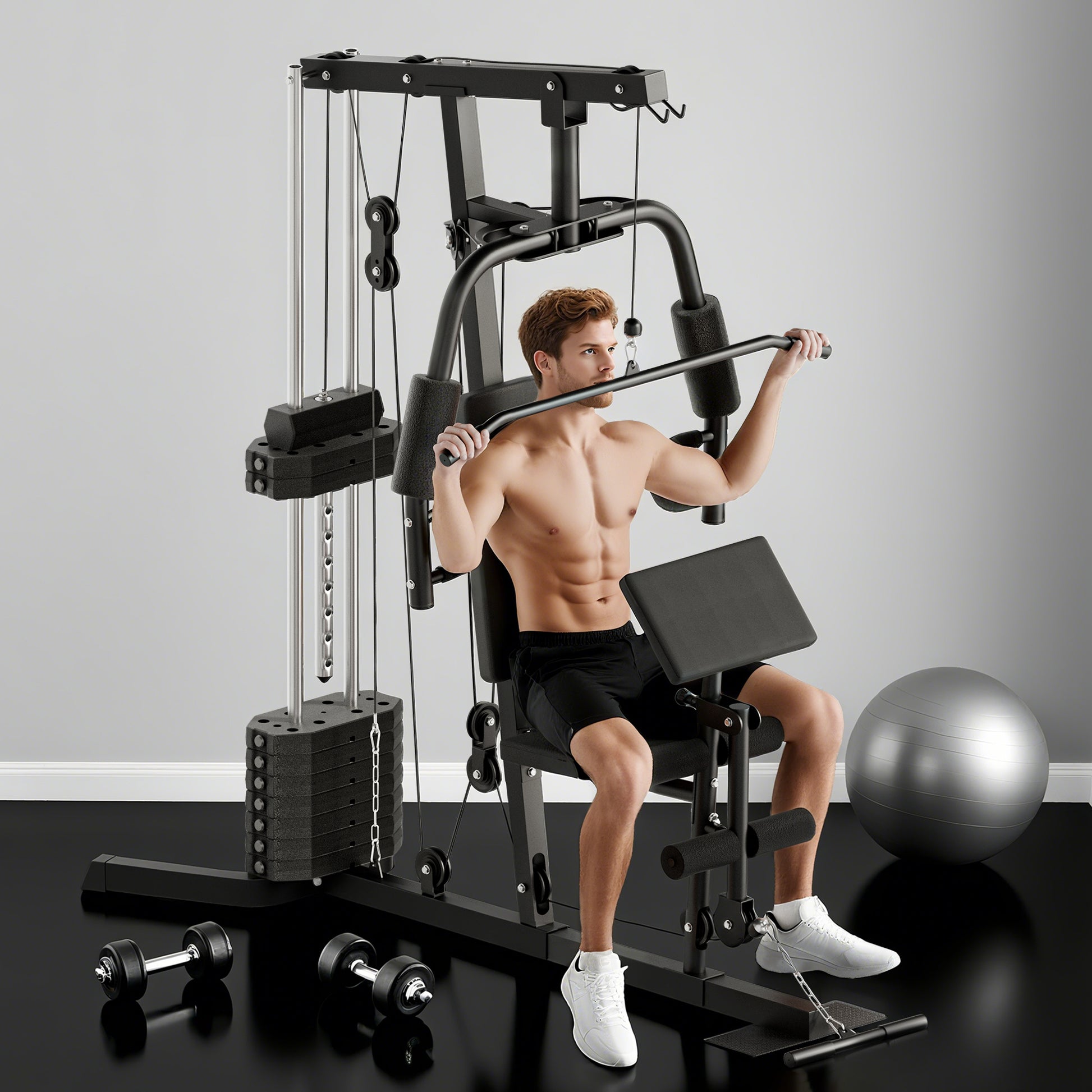 Compact Power Station, Multifunctional Fitness Station, Multi-Station with Butterfly, Bicep Curl, Pull-up, Leg Extension, 45 kg Weight Block Strength Training Black