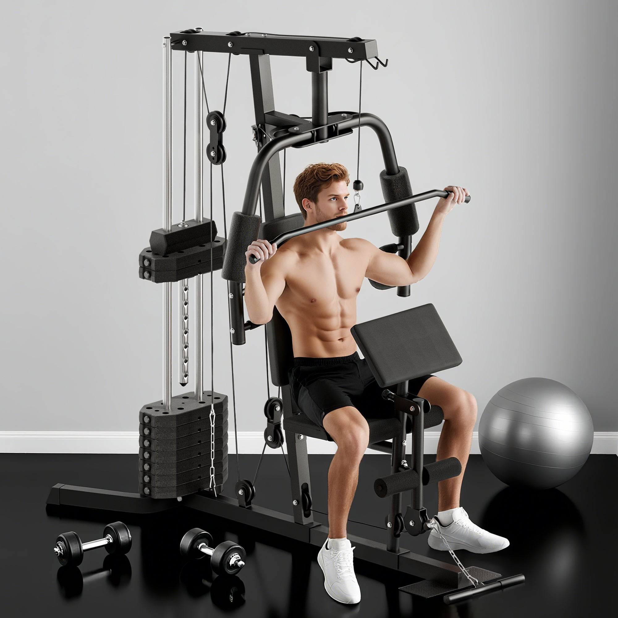 Compact Power Station, Multifunctional Fitness Station, Multi-Station with Butterfly, Bicep Curl, Pull-up, Leg Extension, 45 kg Weight Block Strength Training Black