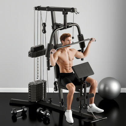 Compact Power Station, Multifunctional Fitness Station, Multi-Station with Butterfly, Bicep Curl, Pull-up, Leg Extension, 45 kg Weight Block Strength Training Black