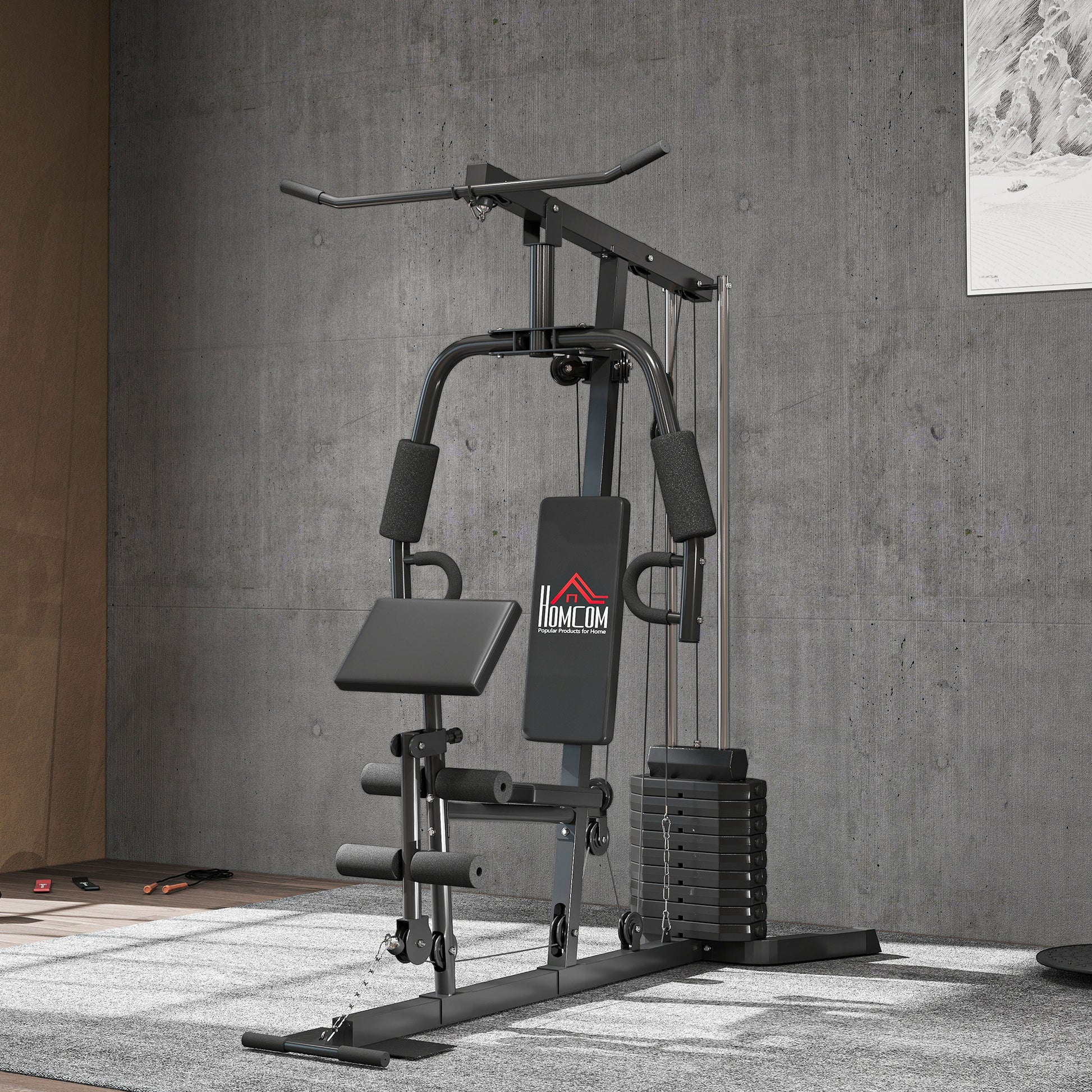 Compact Power Station, Multifunctional Fitness Station, Multi-Station with Butterfly, Bicep Curl, Pull-up, Leg Extension, 45 kg Weight Block Strength Training Black