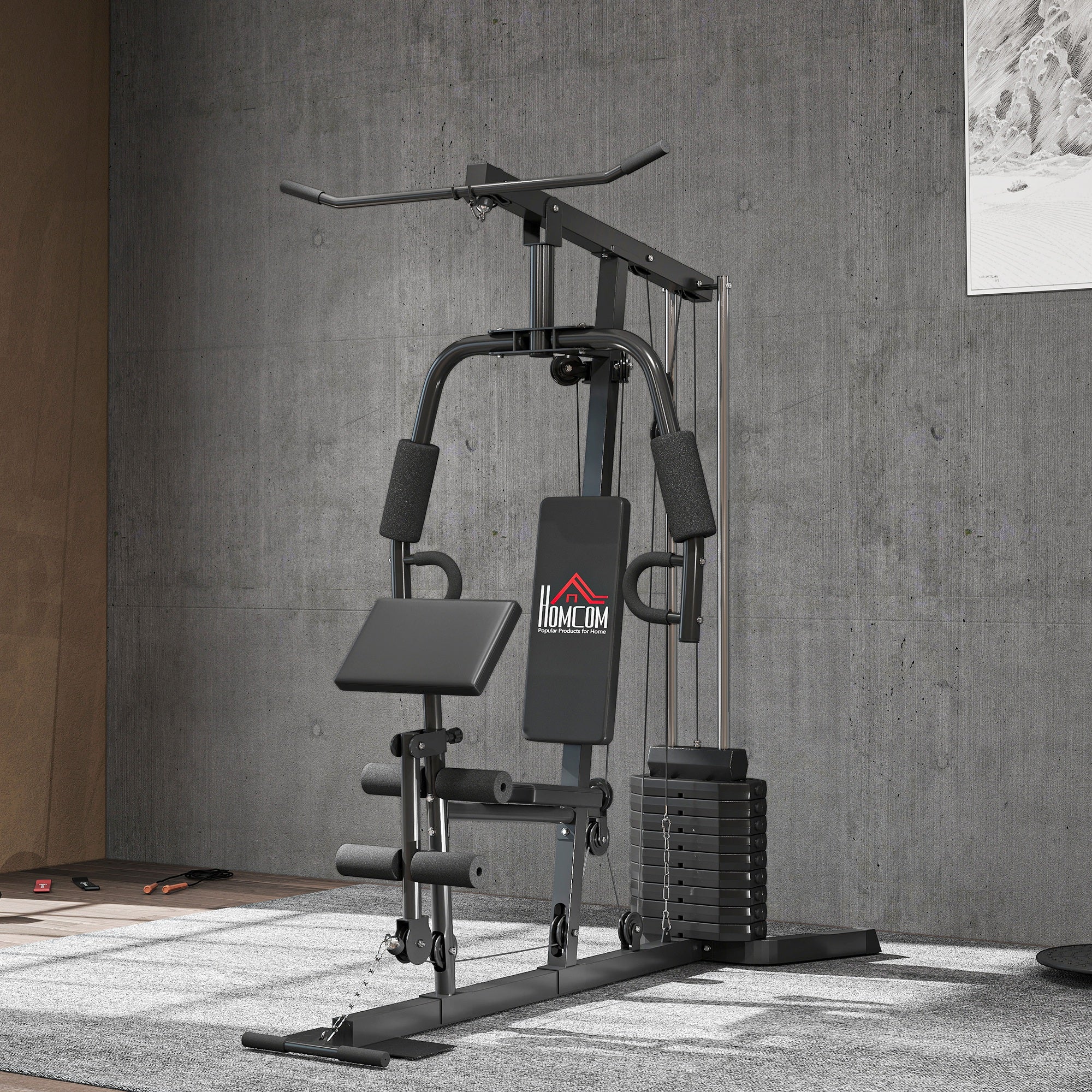 Compact Power Station, Multifunctional Fitness Station, Multi-Station with Butterfly, Bicep Curl, Pull-up, Leg Extension, 45 kg Weight Block Strength Training Black