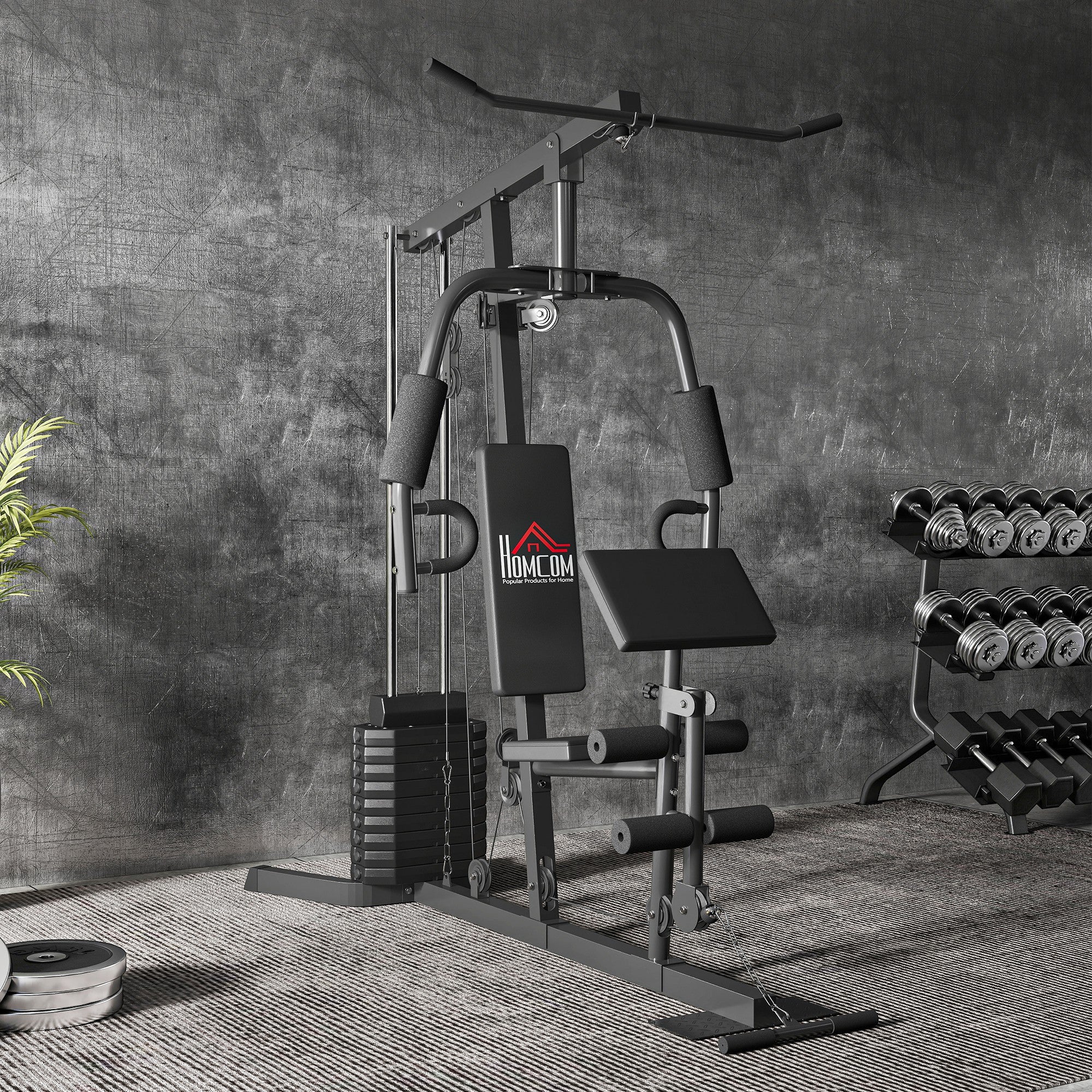 Compact Power Station, Multifunctional Fitness Station, Multi-Station with Butterfly, Bicep Curl, Pull-up, Leg Extension, 45 kg Weight Block Strength Training Black