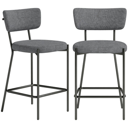 2-Piece Bar Stool Set — Upholstered Curved-Back Counter Stools with Footrest, Metal Frame, Linen-Look, 25" Seat Height, Gray