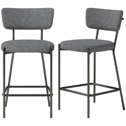 2-Piece Bar Stool Set — Upholstered Curved-Back Counter Stools with Footrest, Metal Frame, Linen-Look, 25" Seat Height, Gray