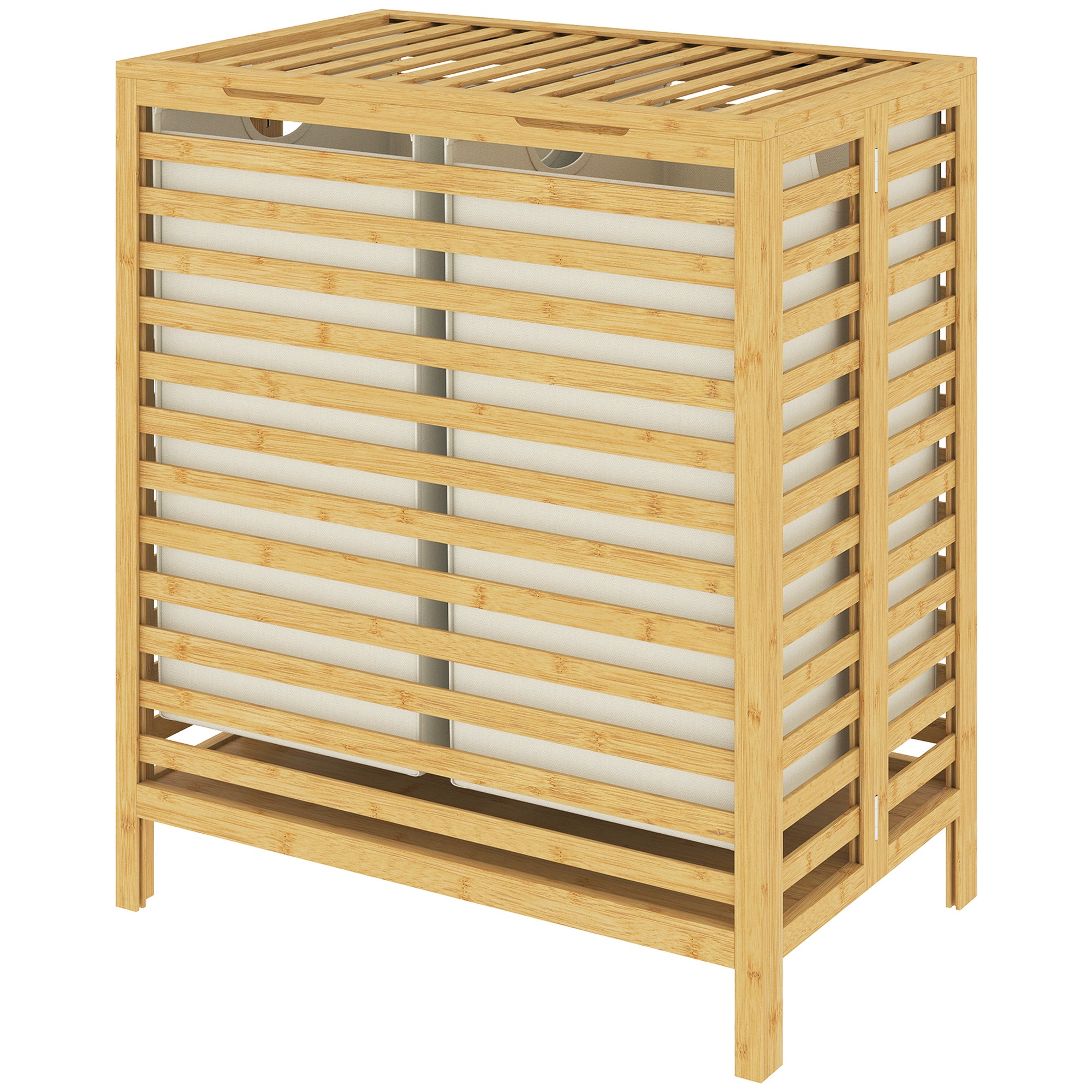 Bamboo Laundry Hamper with Lid, 64 L Double Laundry Bin with 2 Removable Washable Bags, Foldable Laundry Sorter for Bathroom & Bedroom, Natural & Cream White