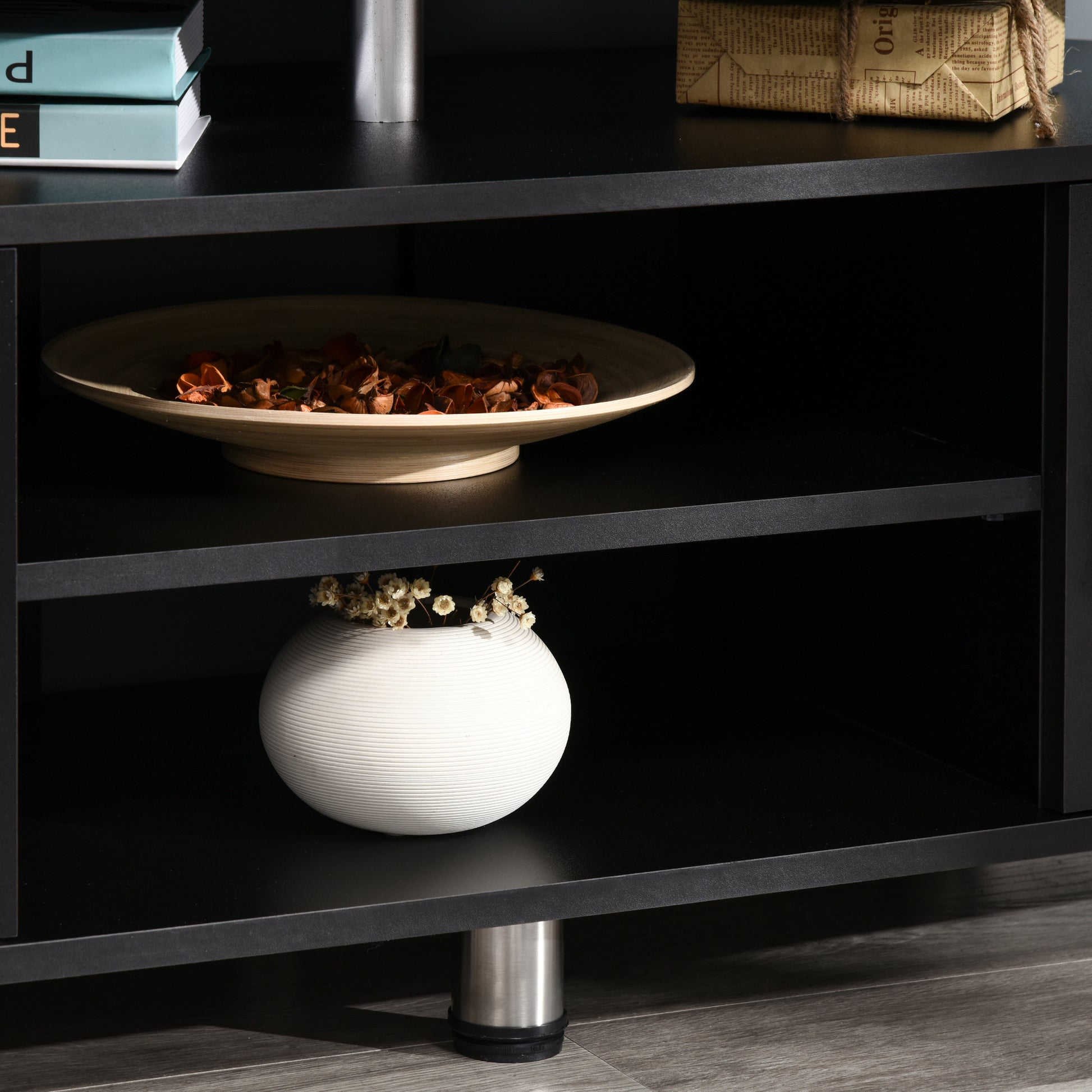 TV stand TV cabinet wooden TV stand for TVs up to 55 inches with large shelf, cupboard doors, and open compartment for living room bedroom, 120 x 40 x 52 cm, black