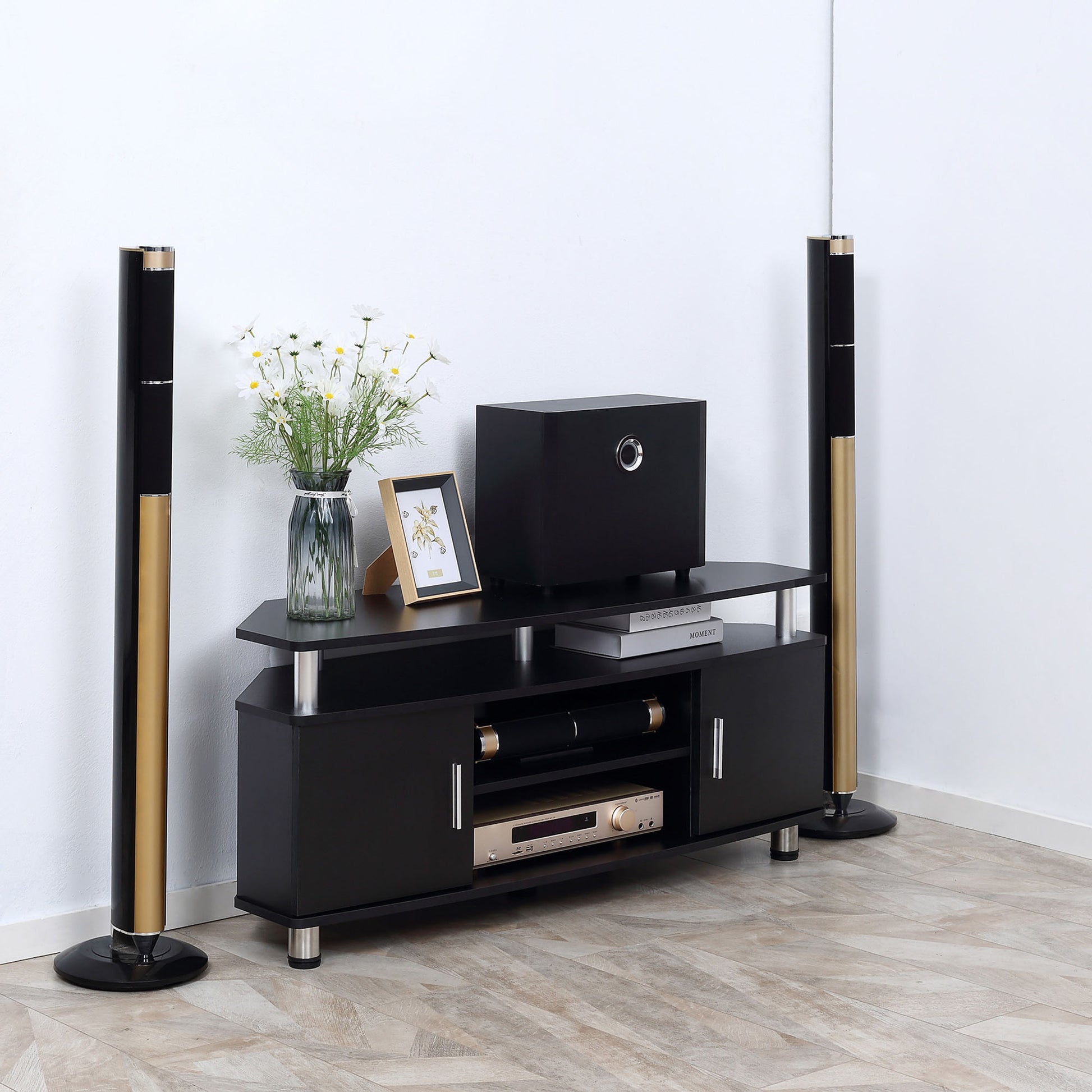 TV stand TV cabinet wooden TV stand for TVs up to 55 inches with large shelf, cupboard doors, and open compartment for living room bedroom, 120 x 40 x 52 cm, black