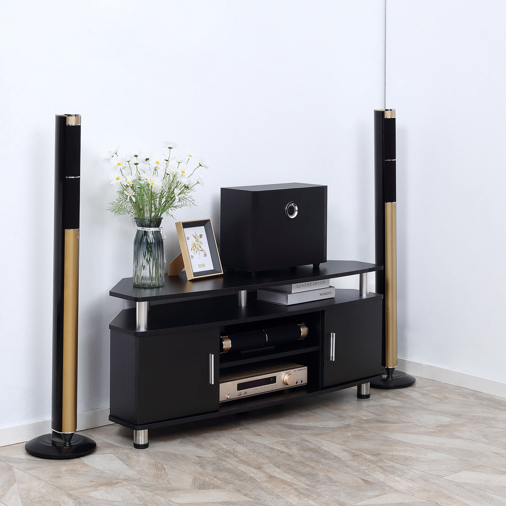 TV stand TV cabinet wooden TV stand for TVs up to 55 inches with large shelf, cupboard doors, and open compartment for living room bedroom, 120 x 40 x 52 cm, black