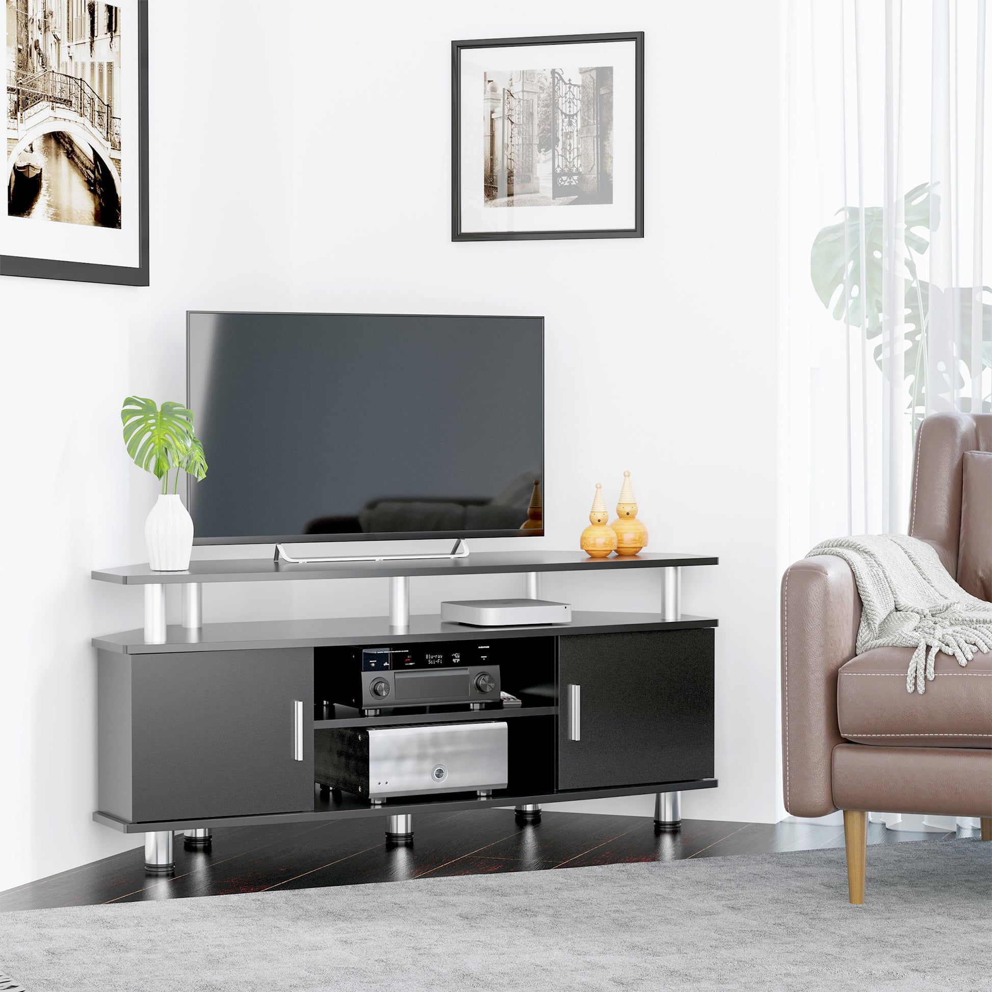 TV stand TV cabinet wooden TV stand for TVs up to 55 inches with large shelf, cupboard doors, and open compartment for living room bedroom, 120 x 40 x 52 cm, black