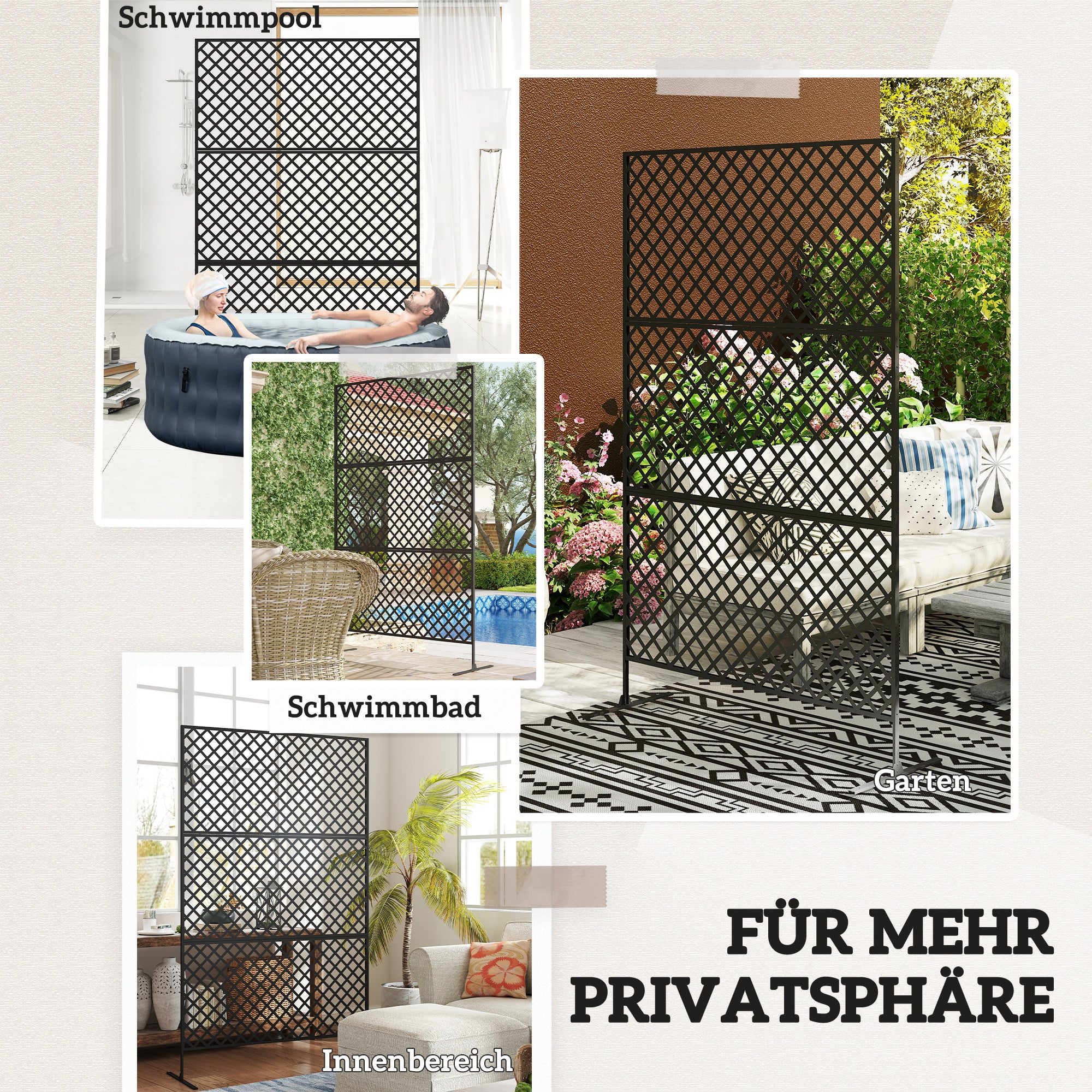 3-Panel Room Divider 122 x 198 cm Freestanding Trellis, 3-Panel Partition Privacy Screen made of Steel, Outdoor Room Divider Privacy Wall Partition for Garden, Balcony, Patio, Black