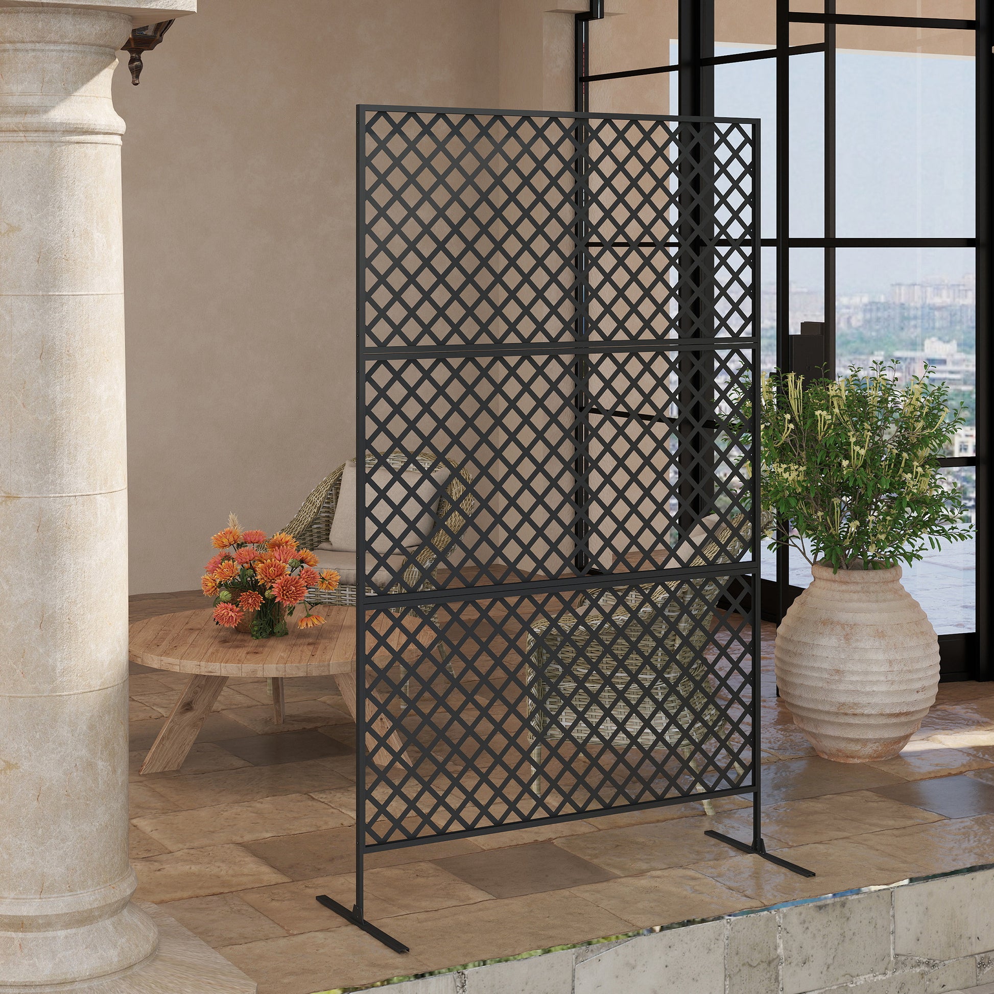 3-Panel Room Divider 122 x 198 cm Freestanding Trellis, 3-Panel Partition Privacy Screen made of Steel, Outdoor Room Divider Privacy Wall Partition for Garden, Balcony, Patio, Black