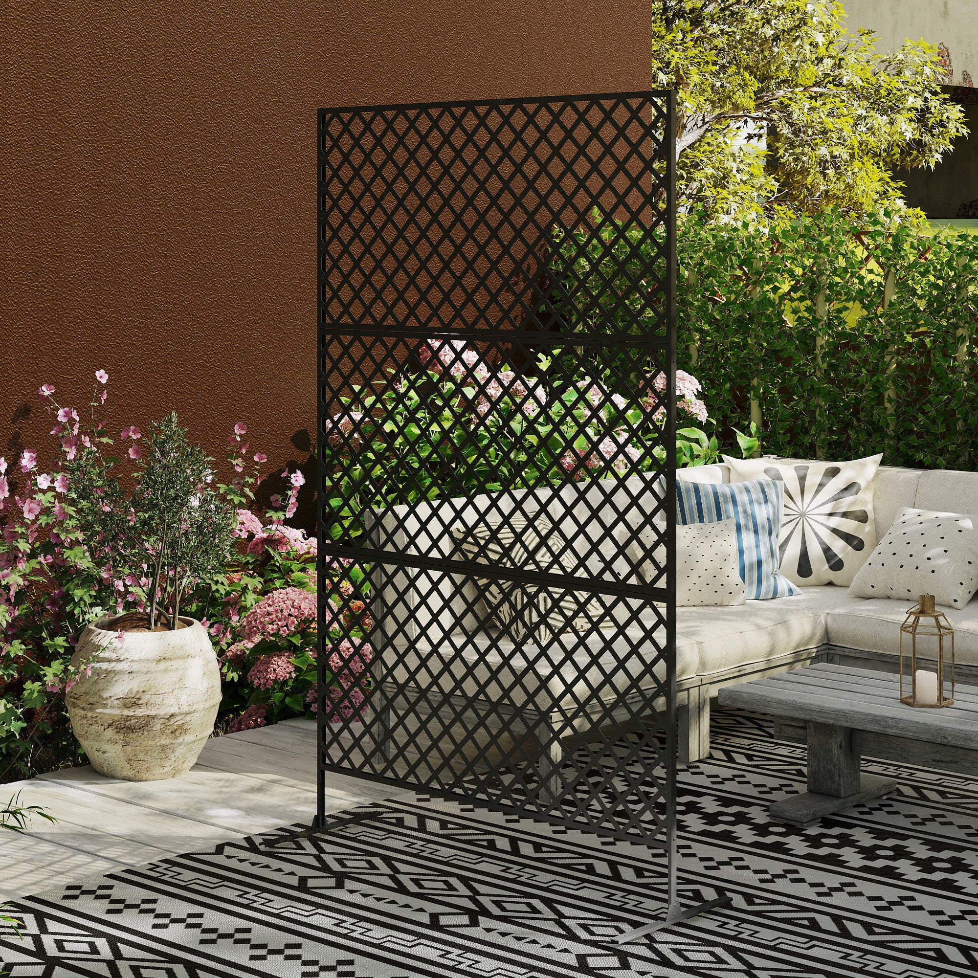 3-Panel Room Divider 122 x 198 cm Freestanding Trellis, 3-Panel Partition Privacy Screen made of Steel, Outdoor Room Divider Privacy Wall Partition for Garden, Balcony, Patio, Black
