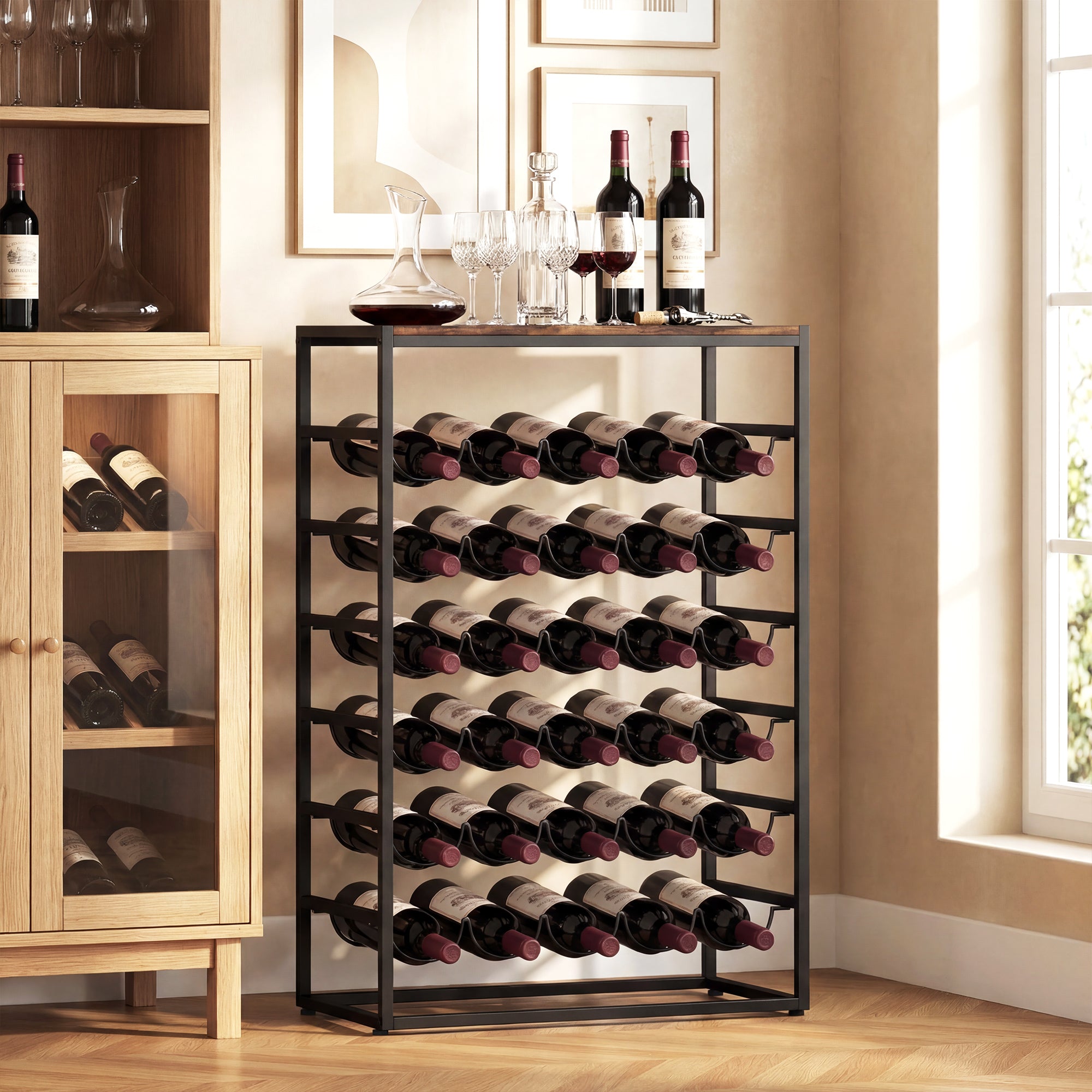 30-Bottle Wine Rack, 6-Tier Wood-Effect Top, Industrial Metal Shelf for Cellar, Bar, Basement — 23.2 x 11.8 x 34.8 in (59 x 30 x 88.5 cm), Rustic Brown