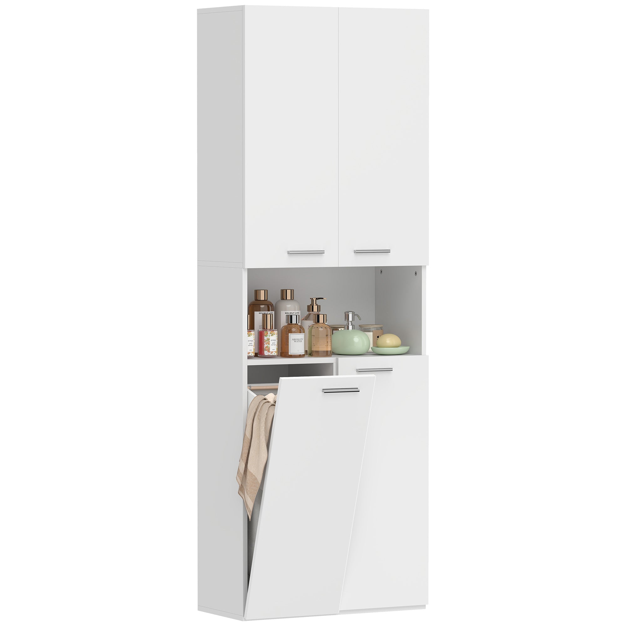 Slim Tall Bathroom Cabinet with Fold-Out Laundry Basket, Open Compartment & Soft-Close Doors for Bathroom & Kitchen, 23.6 x 11.8 x 68.5 in (60 x 30 x 174 cm), White