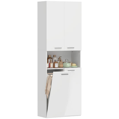 Slim Tall Bathroom Cabinet with Fold-Out Laundry Basket, Open Compartment & Soft-Close Doors for Bathroom & Kitchen, 23.6 x 11.8 x 68.5 in (60 x 30 x 174 cm), White