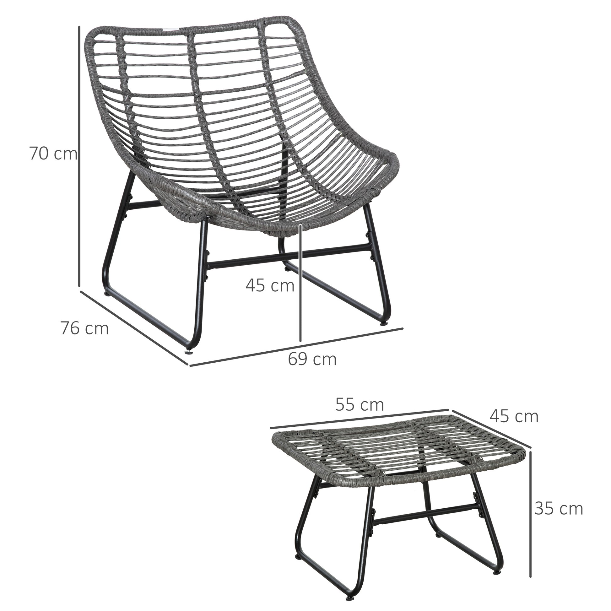 Rattan Relax Chair with Footstool, Garden Chair with Thick Cushions Outdoor Rattan Chair Garden Chair for Garden, Balcony, Patio Gray