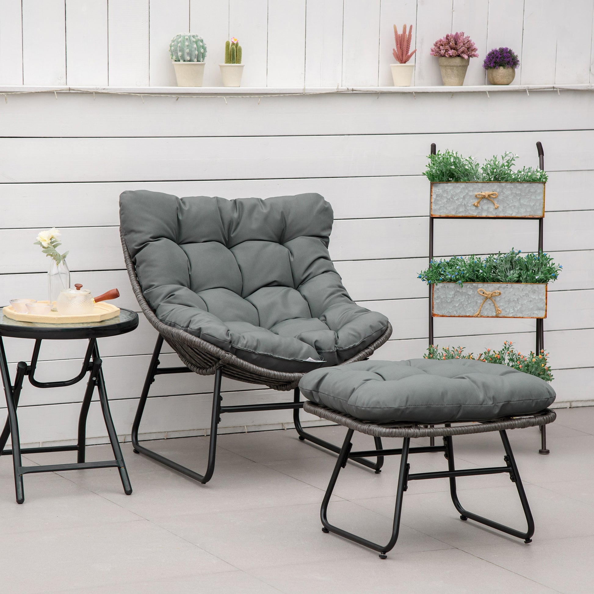 Rattan Relax Chair with Footstool, Garden Chair with Thick Cushions Outdoor Rattan Chair Garden Chair for Garden, Balcony, Patio Gray