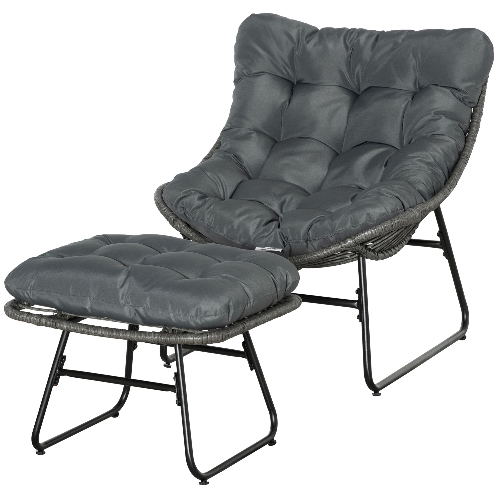 Rattan Relax Chair with Footstool, Garden Chair with Thick Cushions Outdoor Rattan Chair Garden Chair for Garden, Balcony, Patio Gray