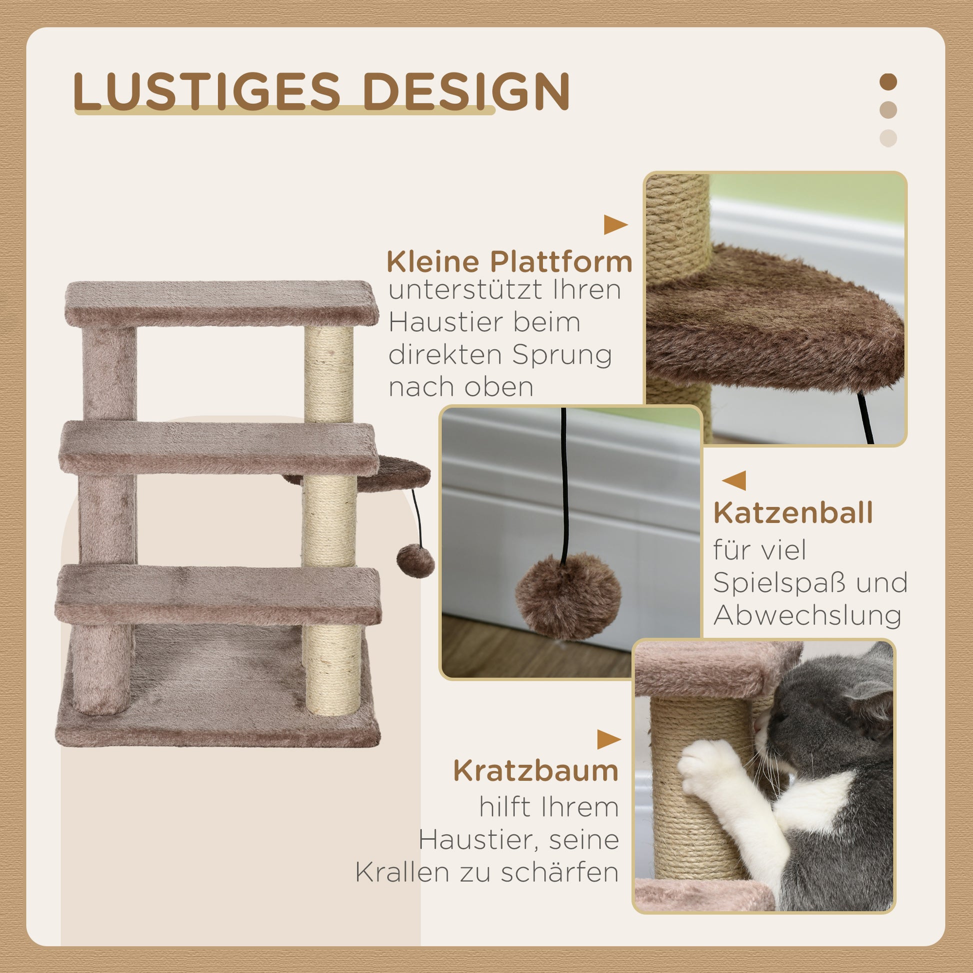 Cat Stairs 3-Step Pet Stairs with Scratching Posts Ball Dog Stairs Pet Stairs for Cats up to 5 kg Plush Jute Brown 45 x 40 x 48 cm