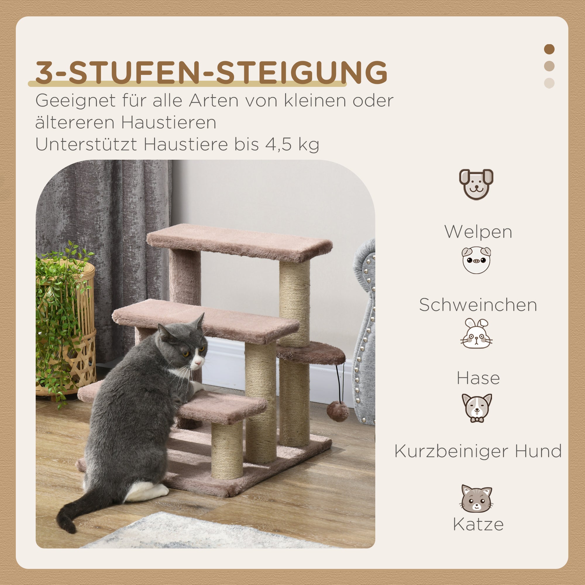 Cat Stairs 3-Step Pet Stairs with Scratching Posts Ball Dog Stairs Pet Stairs for Cats up to 5 kg Plush Jute Brown 45 x 40 x 48 cm