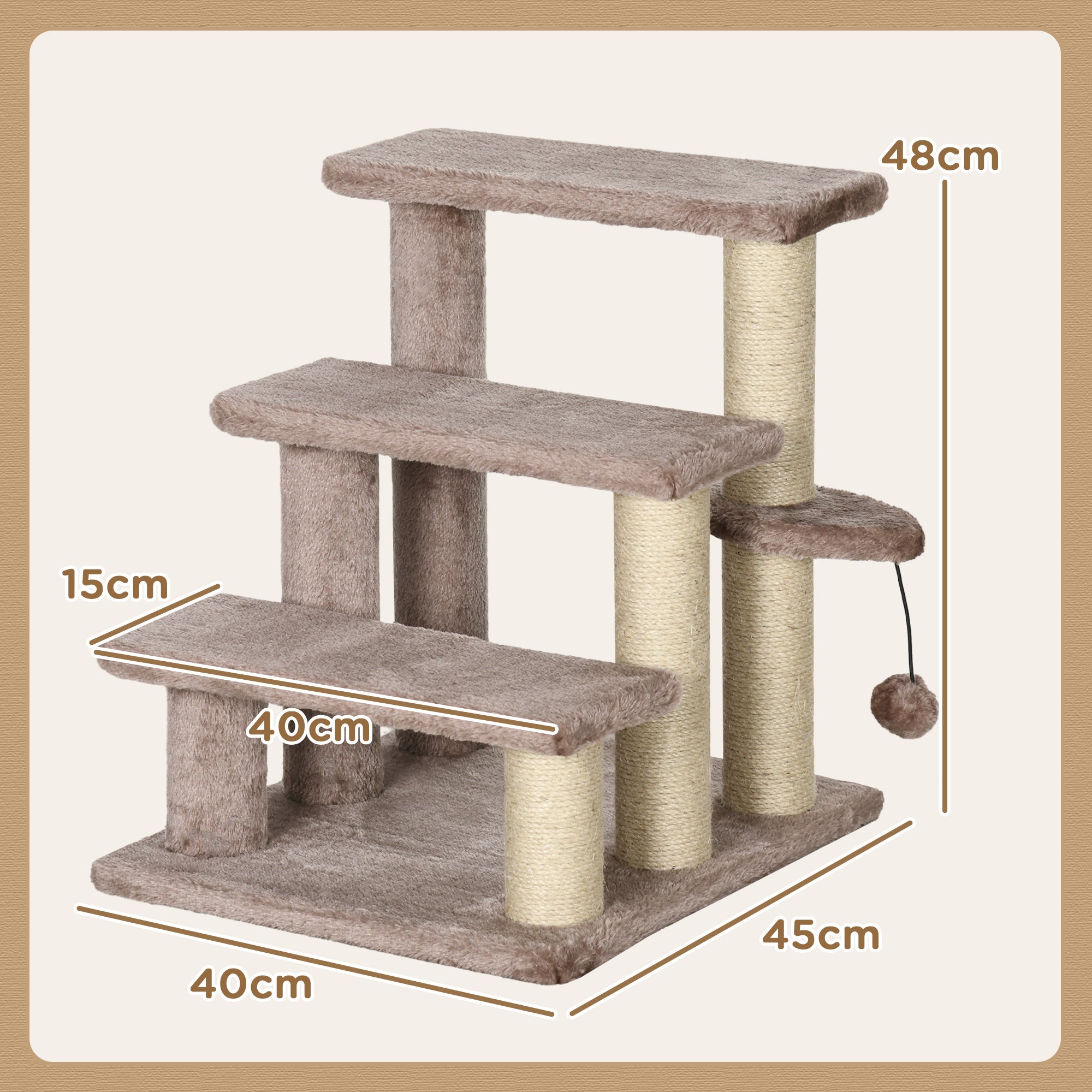 Cat Stairs 3-Step Pet Stairs with Scratching Posts Ball Dog Stairs Pet Stairs for Cats up to 5 kg Plush Jute Brown 45 x 40 x 48 cm