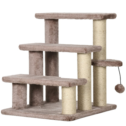 Cat Stairs 3-Step Pet Stairs with Scratching Posts Ball Dog Stairs Pet Stairs for Cats up to 5 kg Plush Jute Brown 45 x 40 x 48 cm