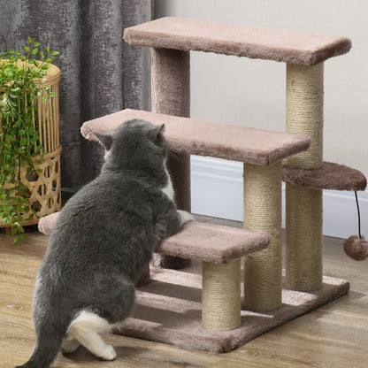 Cat Stairs 3-Step Pet Stairs with Scratching Posts Ball Dog Stairs Pet Stairs for Cats up to 5 kg Plush Jute Brown 45 x 40 x 48 cm