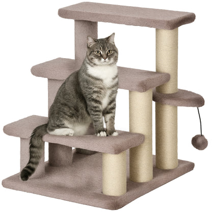 Cat Stairs 3-Step Pet Stairs with Scratching Posts Ball Dog Stairs Pet Stairs for Cats up to 5 kg Plush Jute Brown 45 x 40 x 48 cm