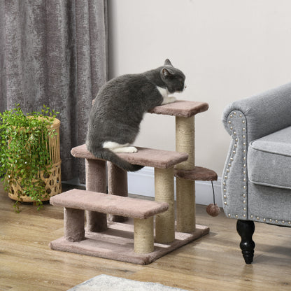 Cat Stairs 3-Step Pet Stairs with Scratching Posts Ball Dog Stairs Pet Stairs for Cats up to 5 kg Plush Jute Brown 45 x 40 x 48 cm