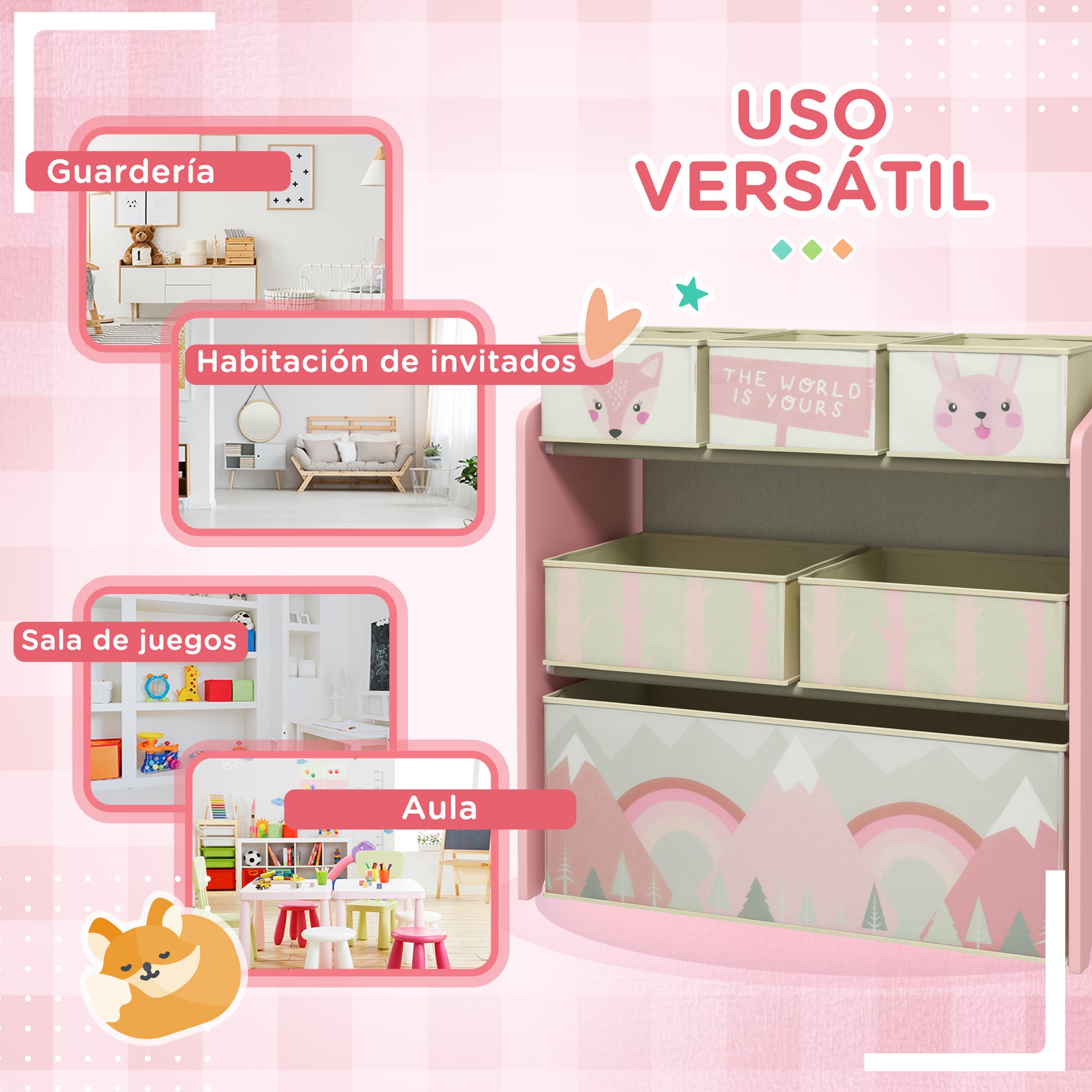 ZONEKIZ Toy Shelf with 6 Non-Woven Fabric Removable Bins Toy Organizer for Children 3-8 Years Old for Bedroom Nursery 63x30x66 cm Pink