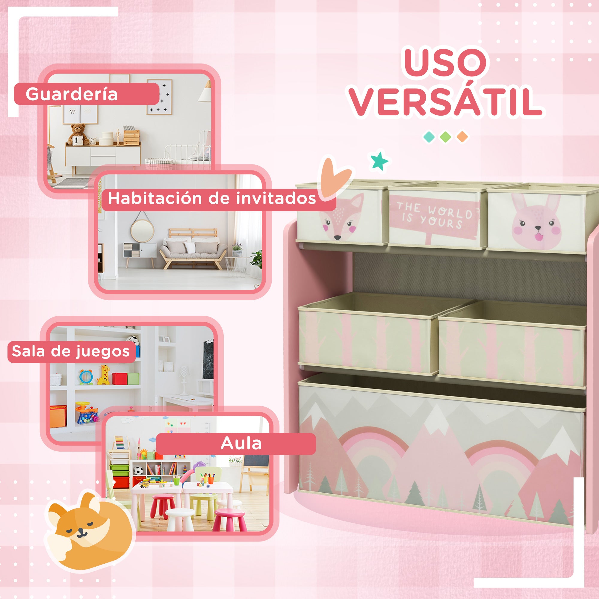 ZONEKIZ Toy Shelf with 6 Non-Woven Fabric Removable Bins Toy Organizer for Children 3-8 Years Old for Bedroom Nursery 63x30x66 cm Pink