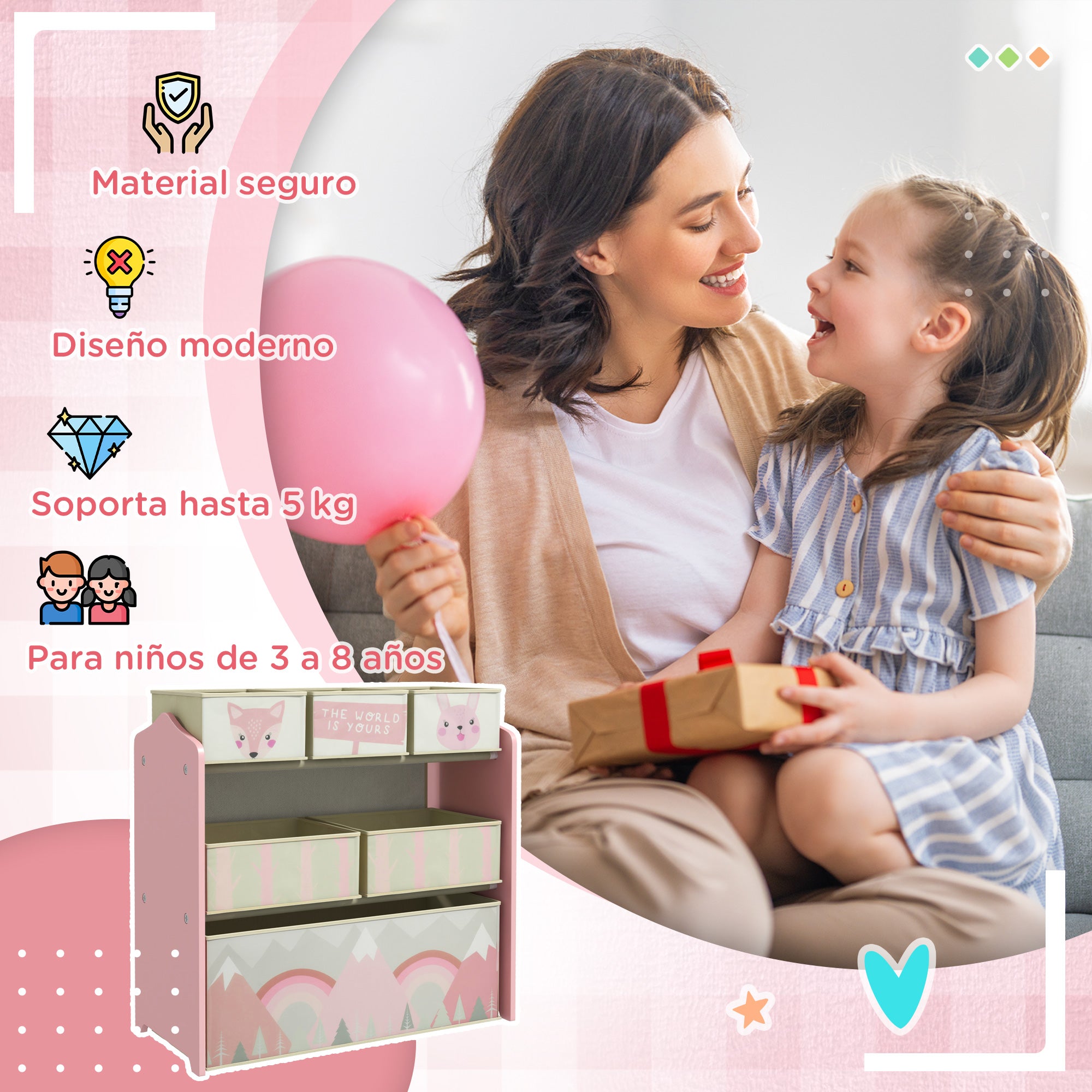 ZONEKIZ Toy Shelf with 6 Non-Woven Fabric Removable Bins Toy Organizer for Children 3-8 Years Old for Bedroom Nursery 63x30x66 cm Pink
