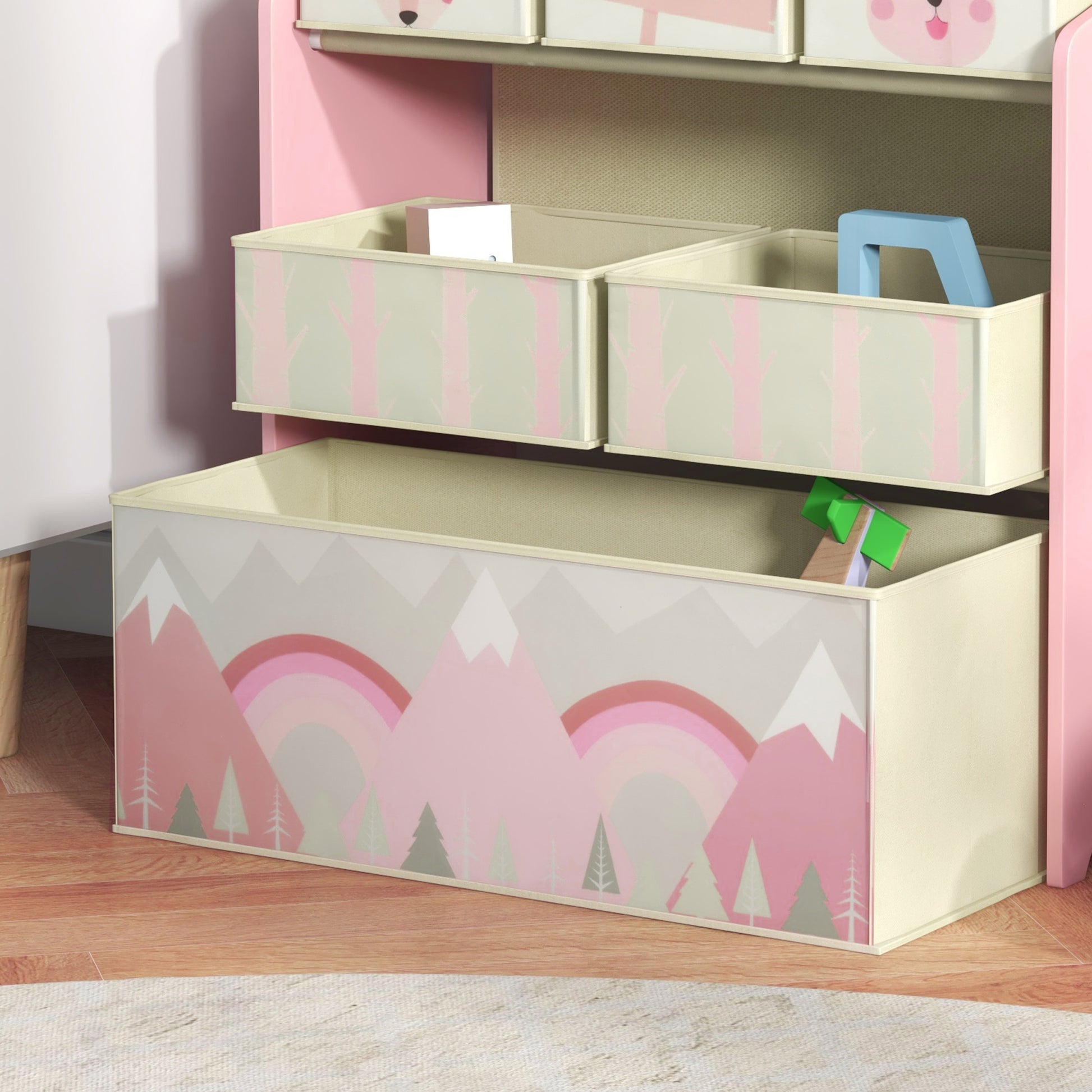 ZONEKIZ Toy Shelf with 6 Non-Woven Fabric Removable Bins Toy Organizer for Children 3-8 Years Old for Bedroom Nursery 63x30x66 cm Pink