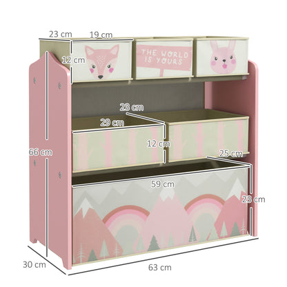 ZONEKIZ Toy Shelf with 6 Non-Woven Fabric Removable Bins Toy Organizer for Children 3-8 Years Old for Bedroom Nursery 63x30x66 cm Pink