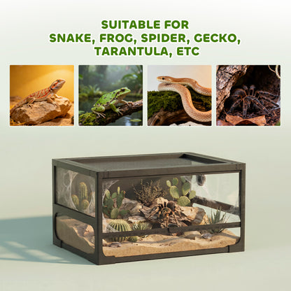 Raised Foldable Reptile Terrarium 24 x 18 x 13 in (60 x 45 x 32 cm) — Tempered Glass, Lockable Lid, Feeding Door, Mesh Ventilation, 360° View