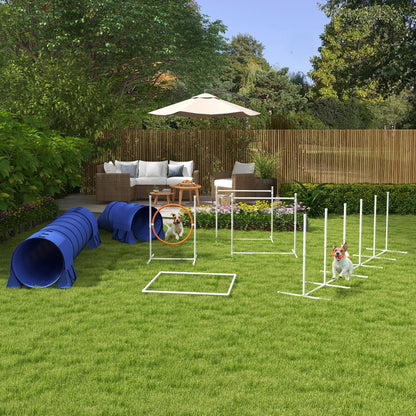 Dog Agility Set, 7-Piece Dog Training Set with Adjustable Agility Hurdles, Weave Poles, Pause Box, Tunnel, Jump Ring, Stick Hurdle Set Including Whistle, Carry Bag