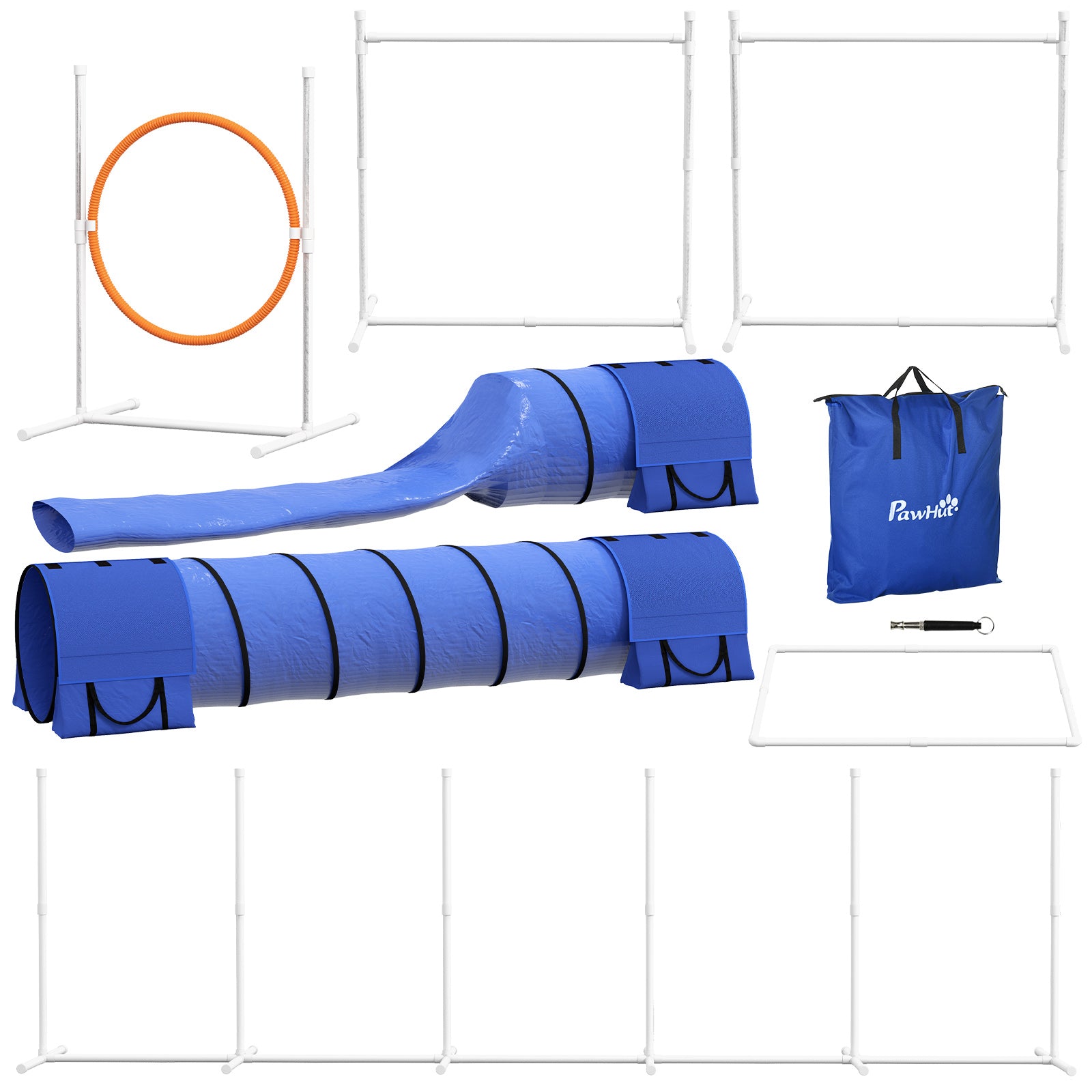 Dog Agility Set, 7-Piece Dog Training Set with Adjustable Agility Hurdles, Weave Poles, Pause Box, Tunnel, Jump Ring, Stick Hurdle Set Including Whistle, Carry Bag