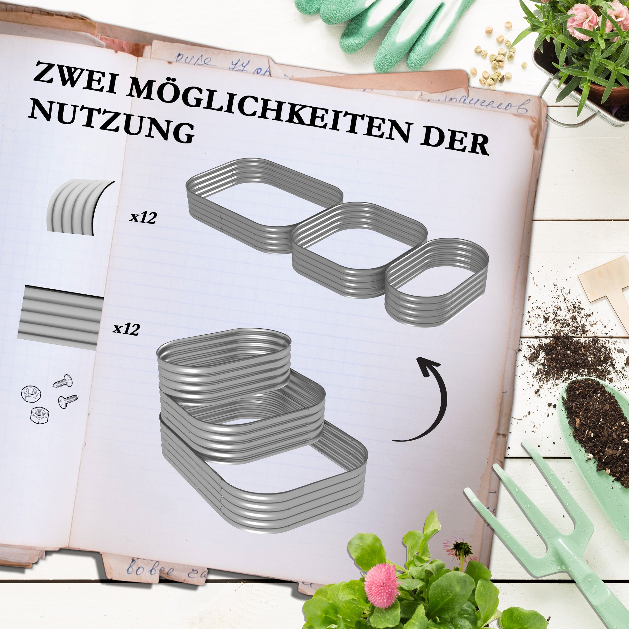 Metal Raised Bed, 3-Tier Planting Box, DIY Planter Box, Herb Bed with Safety Edges, Vegetable Bed for Garden, Balcony, Silver, 158 x 109 x 82 cm