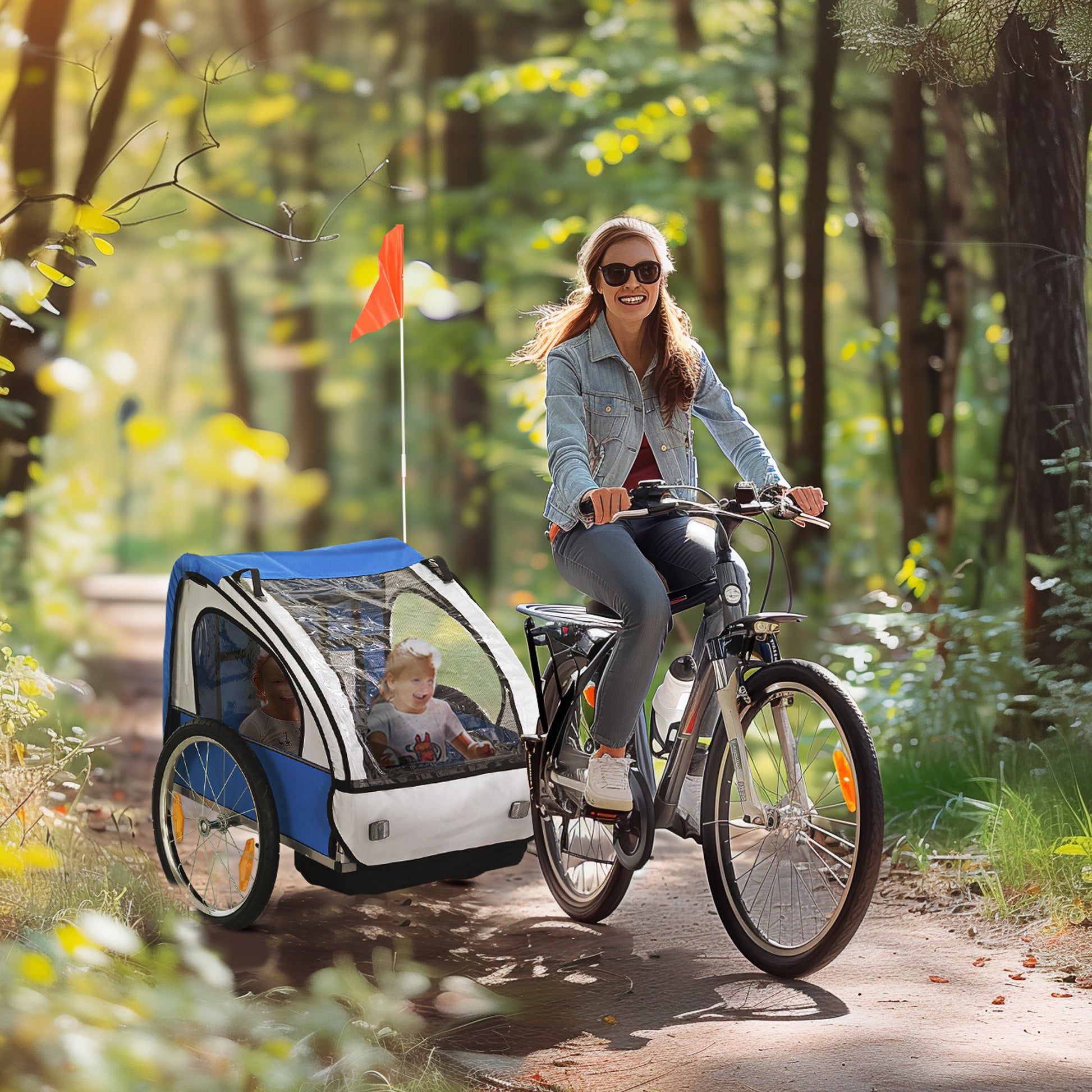 2-Seater Kids Bike Trailer with 2 Safety Belts, Steel Frame, and Blue Oxford Fabric Cover