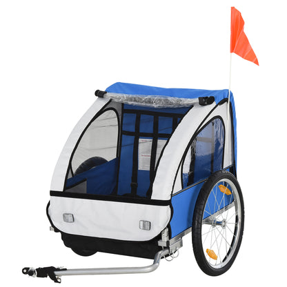 2-Seater Kids Bike Trailer with 2 Safety Belts, Steel Frame, and Blue Oxford Fabric Cover