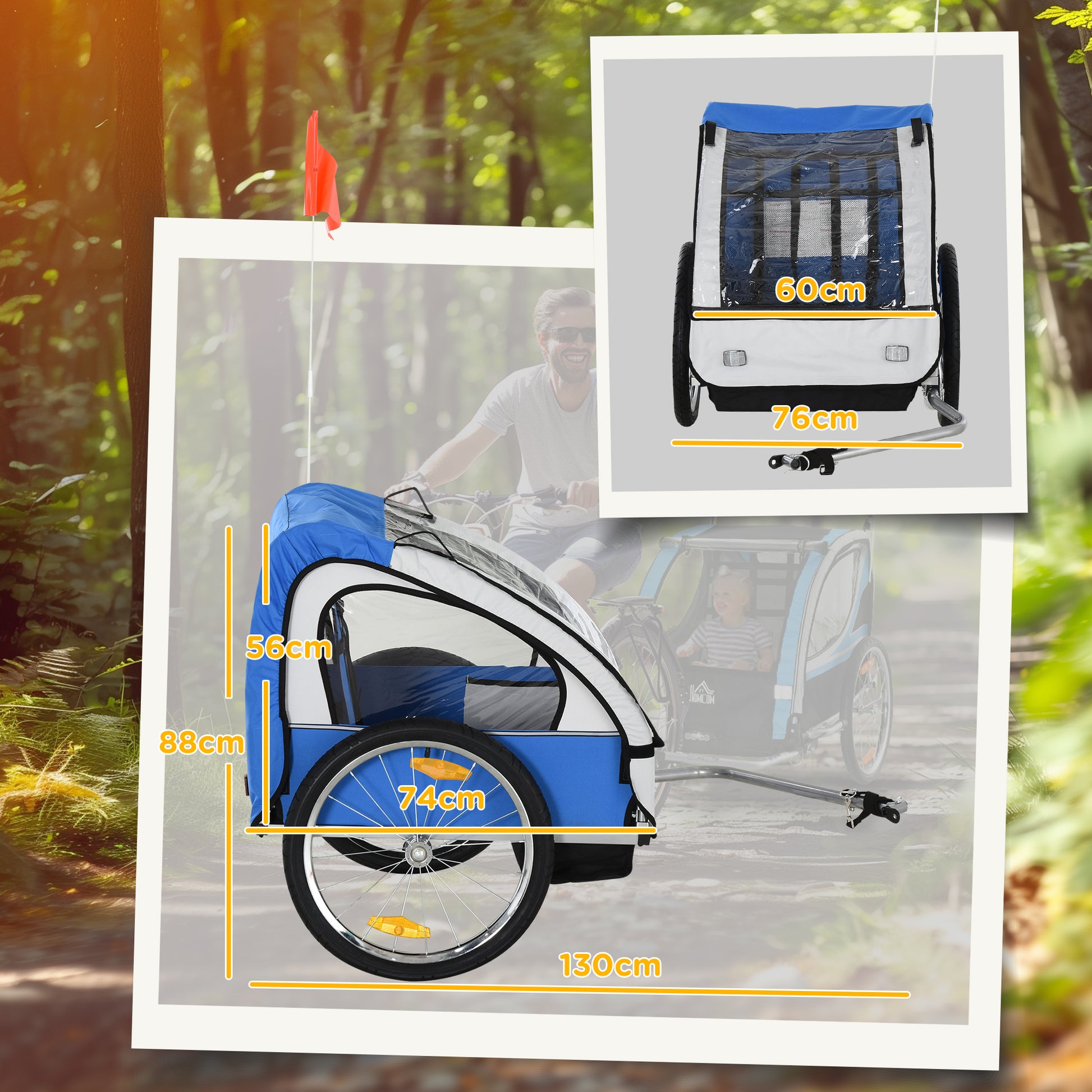 2-Seater Kids Bike Trailer with 2 Safety Belts, Steel Frame, and Blue Oxford Fabric Cover