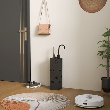 Umbrella Stand Umbrella Holder with 4 Hooks, Removable Water Collection Tray Decorative Umbrella Holder for Sun Umbrella, Rain Umbrellas & Walking Canes Steel 15.5 x 15.5 x 49 cm Black