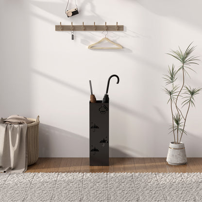 Umbrella Stand Umbrella Holder with 4 Hooks, Removable Water Collection Tray Decorative Umbrella Holder for Sun Umbrella, Rain Umbrellas & Walking Canes Steel 15.5 x 15.5 x 49 cm Black