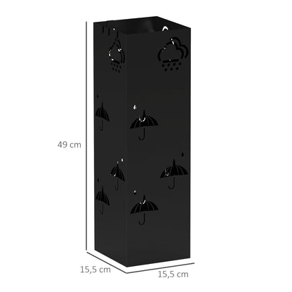 Umbrella Stand Umbrella Holder with 4 Hooks, Removable Water Collection Tray Decorative Umbrella Holder for Sun Umbrella, Rain Umbrellas & Walking Canes Steel 15.5 x 15.5 x 49 cm Black