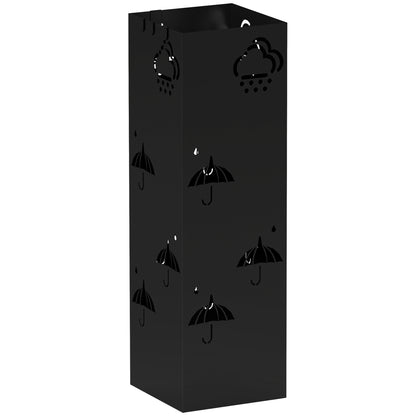 Umbrella Stand Umbrella Holder with 4 Hooks, Removable Water Collection Tray Decorative Umbrella Holder for Sun Umbrella, Rain Umbrellas & Walking Canes Steel 15.5 x 15.5 x 49 cm Black
