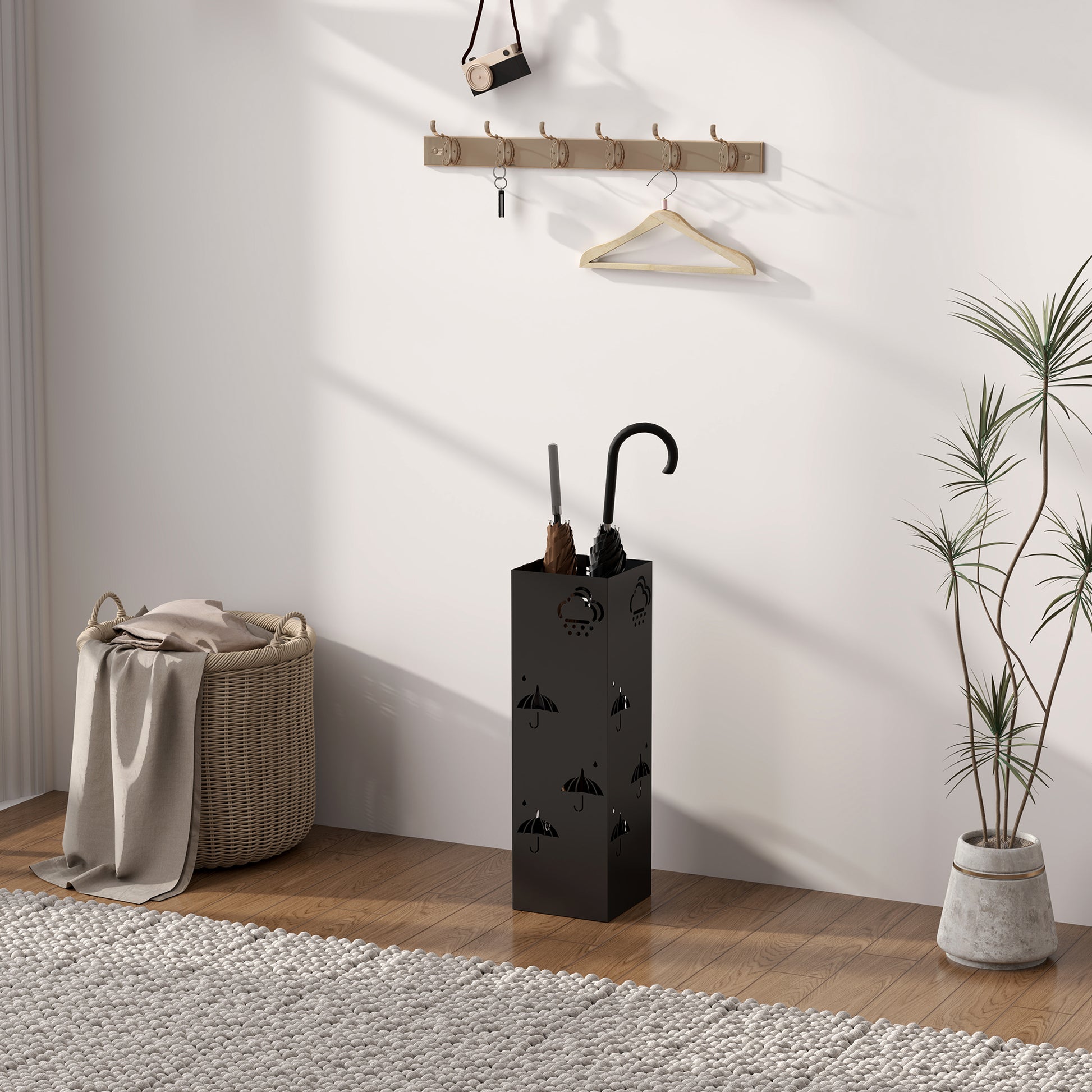 Umbrella Stand Umbrella Holder with 4 Hooks, Removable Water Collection Tray Decorative Umbrella Holder for Sun Umbrella, Rain Umbrellas & Walking Canes Steel 15.5 x 15.5 x 49 cm Black