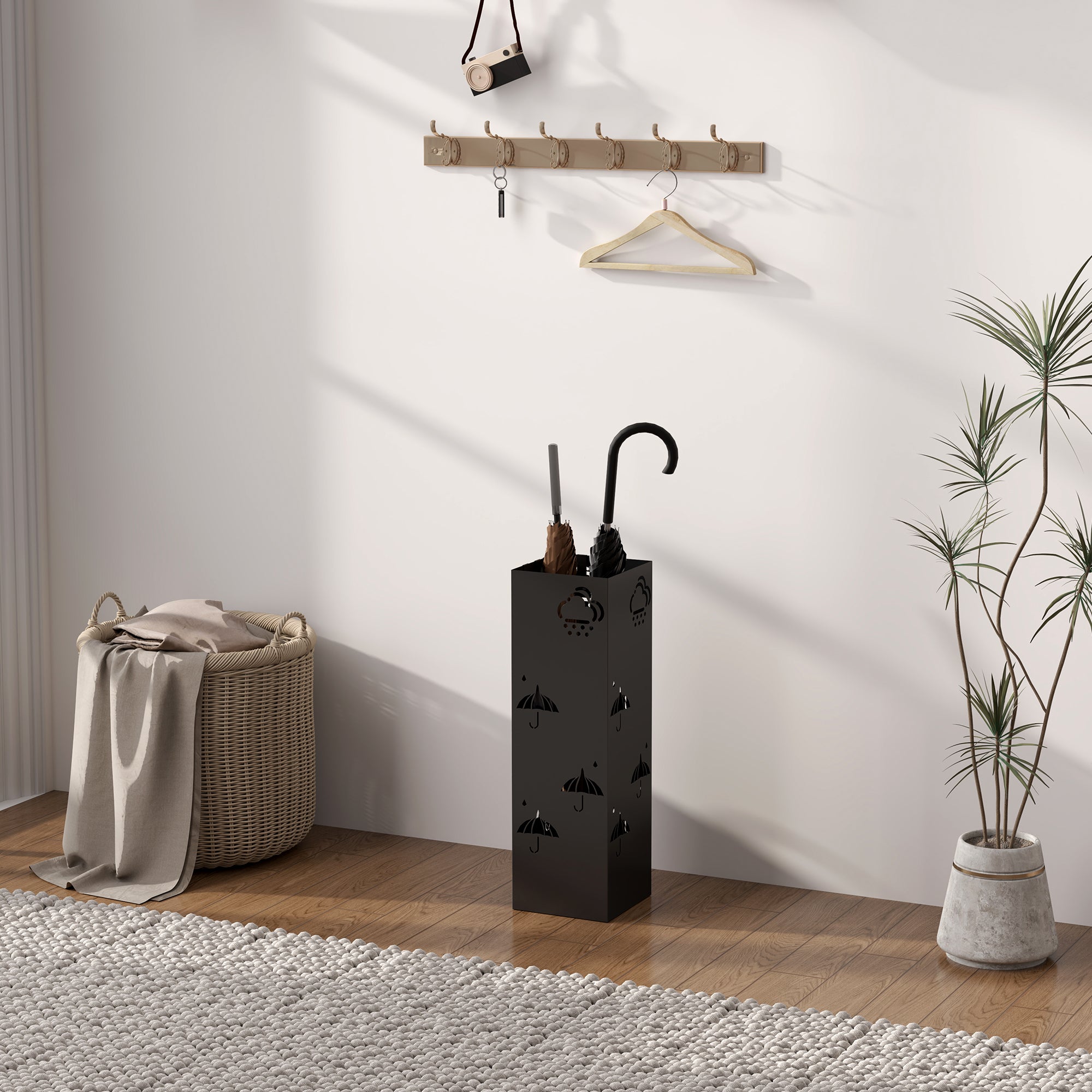 Umbrella Stand Umbrella Holder with 4 Hooks, Removable Water Collection Tray Decorative Umbrella Holder for Sun Umbrella, Rain Umbrellas & Walking Canes Steel 15.5 x 15.5 x 49 cm Black