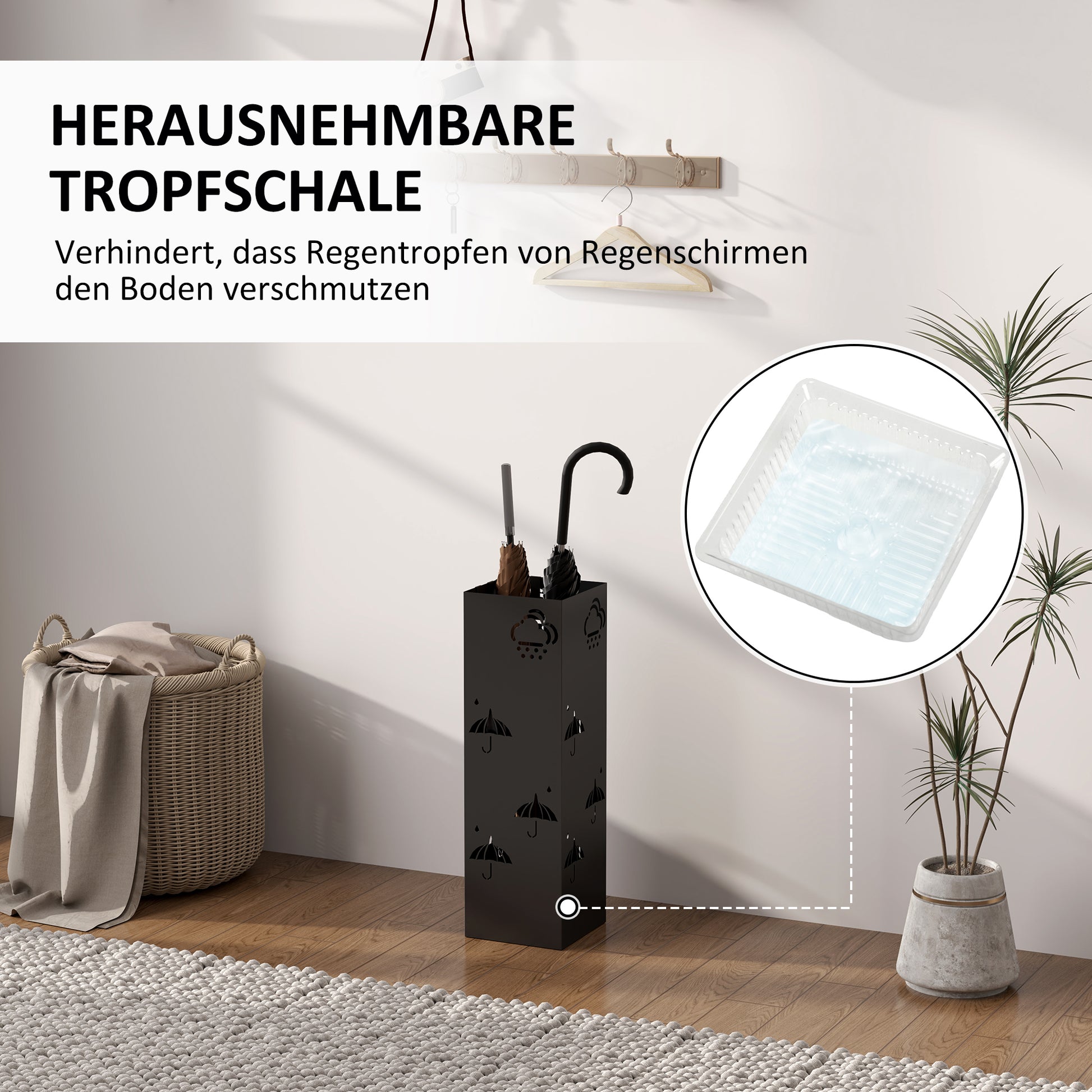 Umbrella Stand Umbrella Holder with 4 Hooks, Removable Water Collection Tray Decorative Umbrella Holder for Sun Umbrella, Rain Umbrellas & Walking Canes Steel 15.5 x 15.5 x 49 cm Black